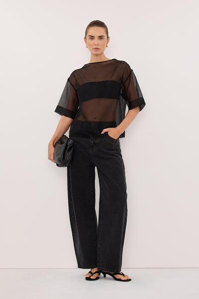 Stas wearing SIAN BLACK SILK ORGANZA TEE