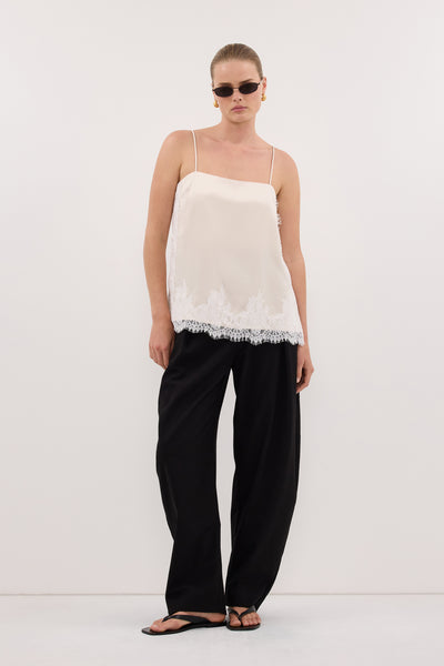 Zoe wearing SELENE OYSTER SATIN CAMI