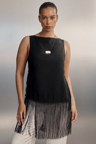Shimma wearing FIORA BLACK CUPRO FRINGE TOP