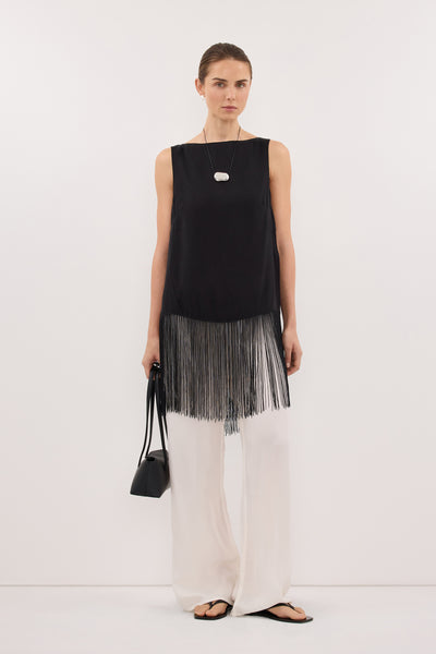 Stas wearing FIORA BLACK CUPRO FRINGE TOP