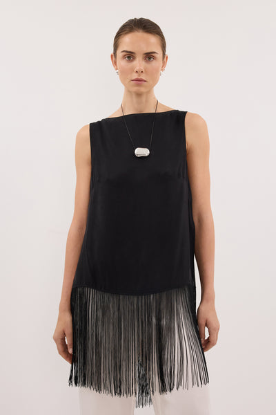 Stas wearing FIORA BLACK CUPRO FRINGE TOP