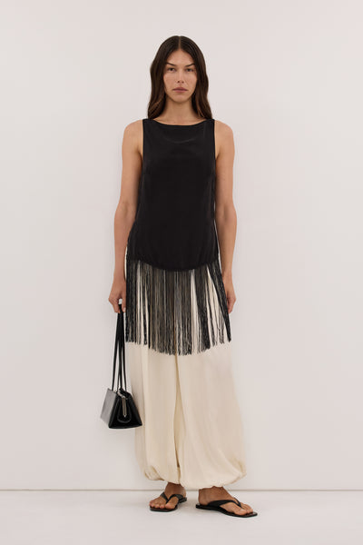 Helena  wearing FIORA BLACK CUPRO FRINGE TOP