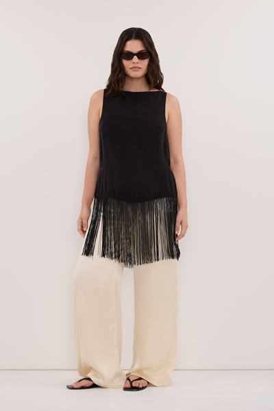 Jasmine wearing FIORA BLACK CUPRO FRINGE TOP
