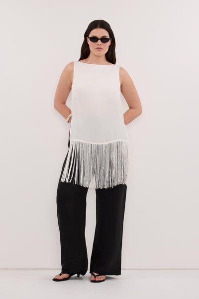 Jasmine wearing FIORA WHITE CUPRO FRINGE TOP