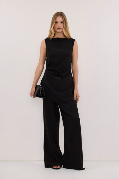 Zoe wearing KENDALL BLACK DRAPED LONG ASYM TOP