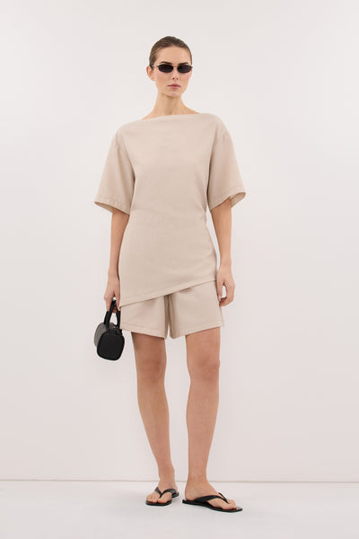 Stas wearing CALIA BONE BOAT NECK SLEEVED TOP