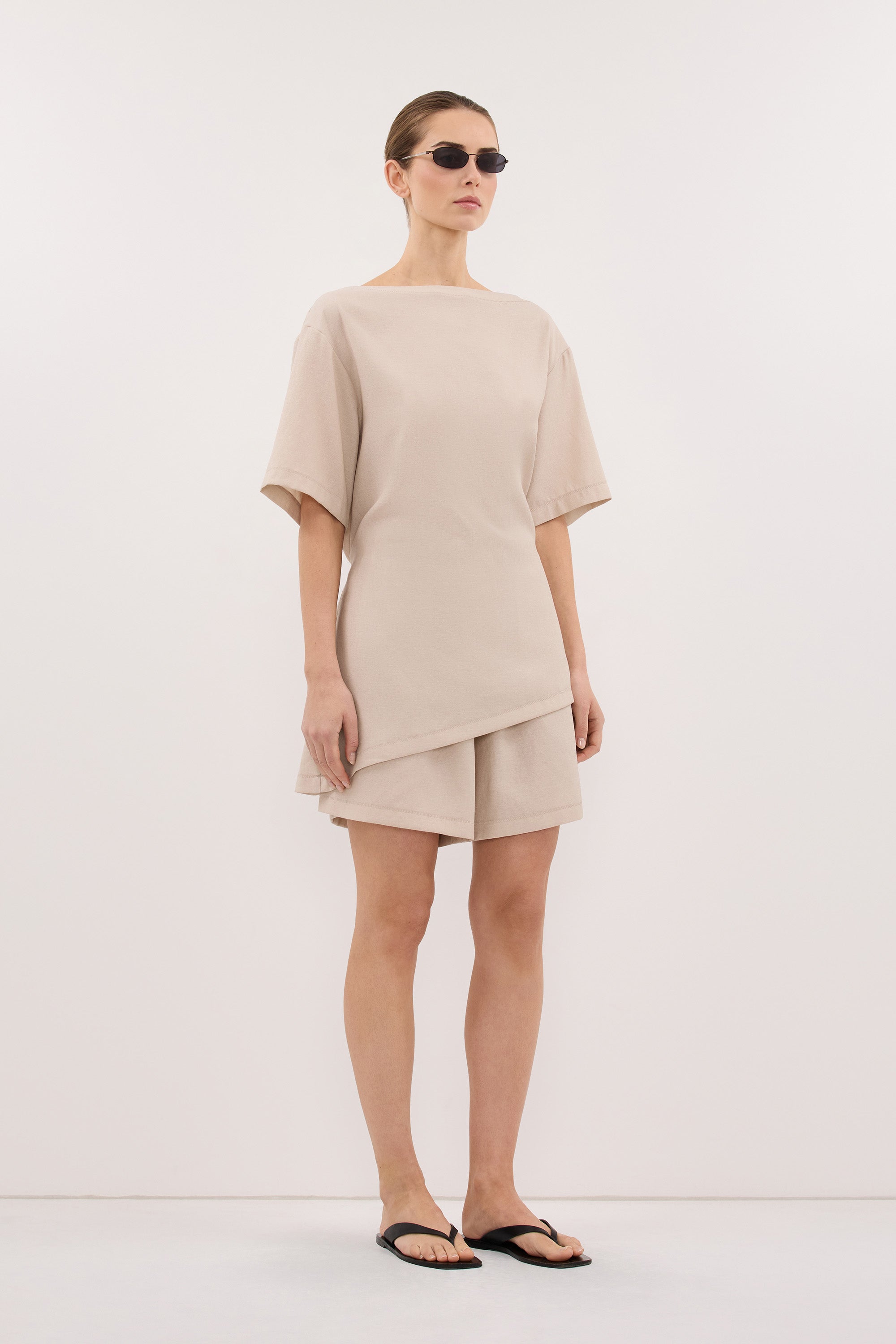 CALIA BONE BOAT NECK SLEEVED TOP