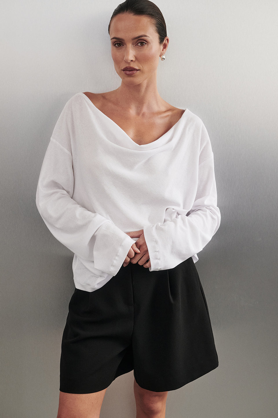 ORELIA WHITE COWL NECK SLEEVED TOP