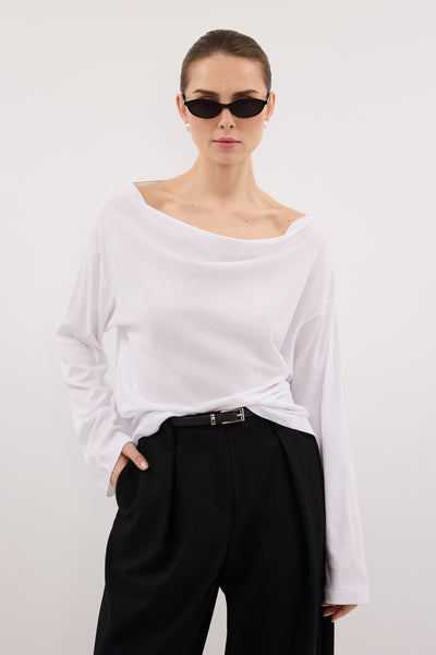 Stas wearing ORELIA WHITE COWL NECK SLEEVED TOP