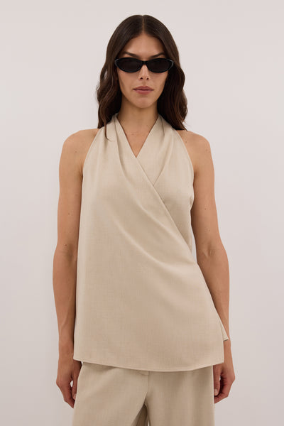 Helena  wearing KENDALL OAT WRAP HALTER TOP