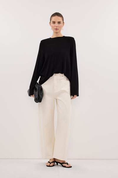 Stas wearing RENI BLACK SHOULDER PAD TOP