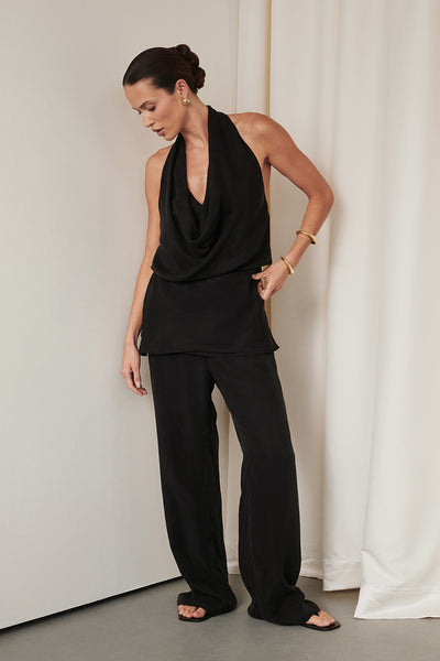 Casey wearing ADELE BLACK CUPRO COWL NECK TOP