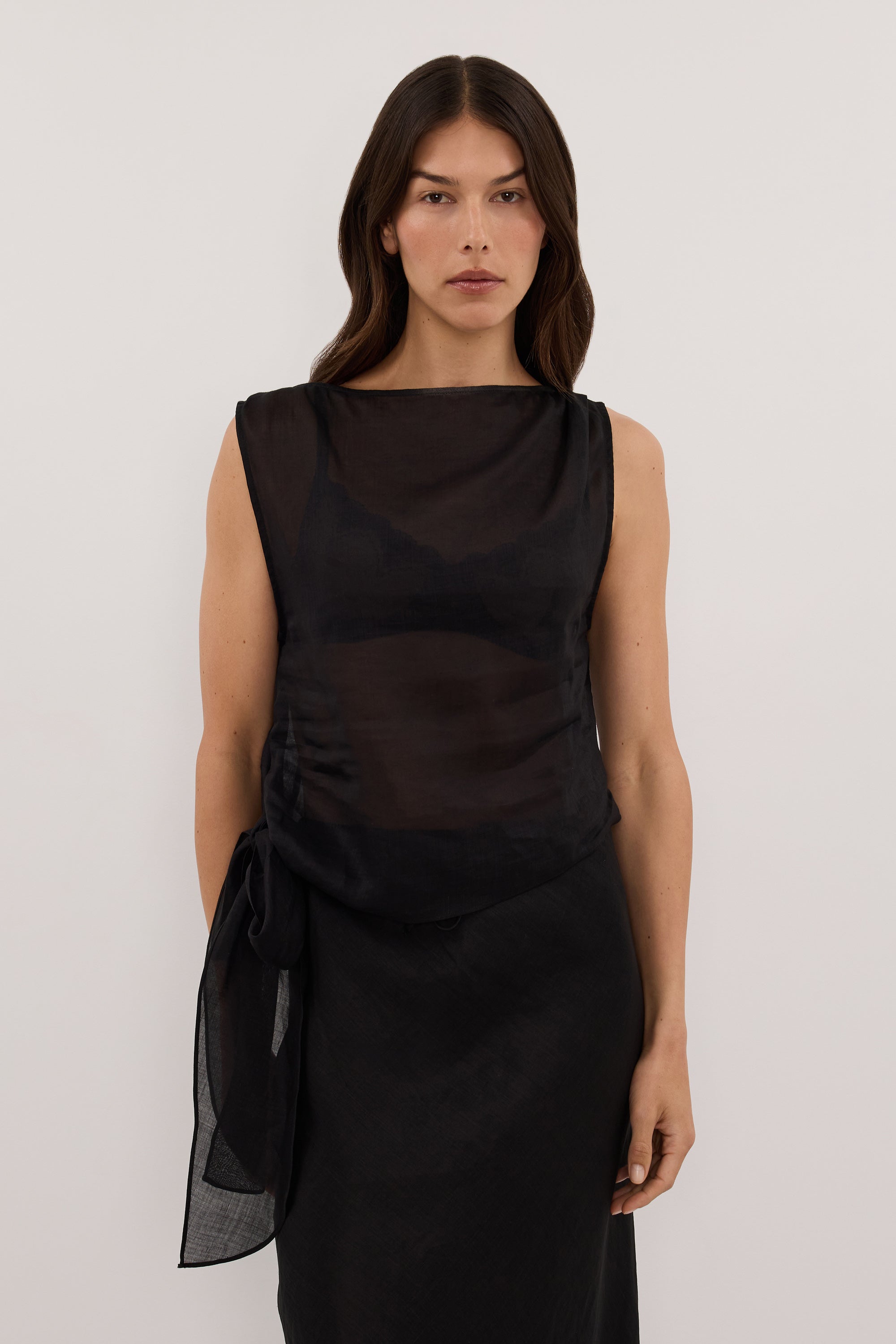 LENA BLACK RAMIE TIE TOP