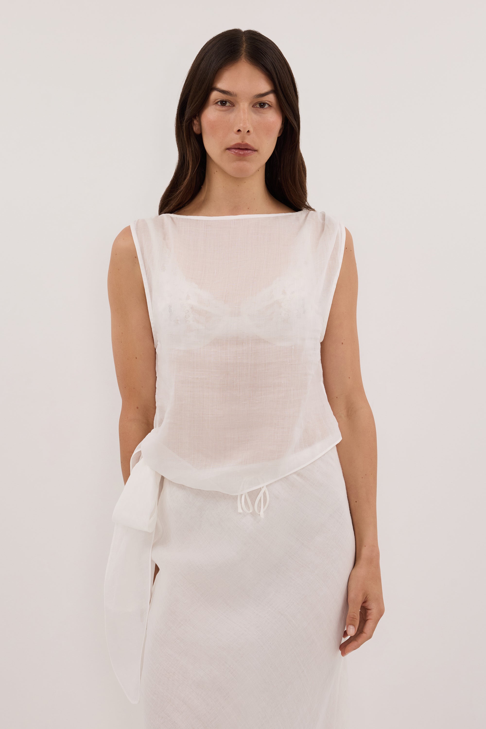LENA WHITE RAMIE TIE TOP