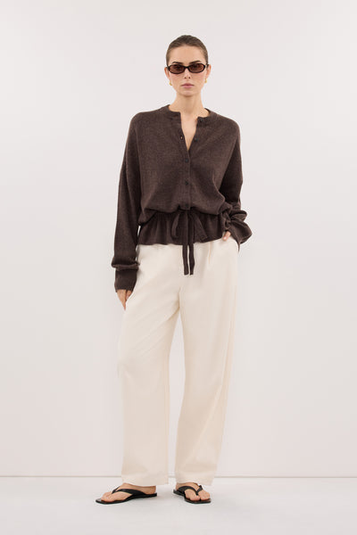 Stas wearing SAILOR CHOC MARLE BELTED CARDIGAN