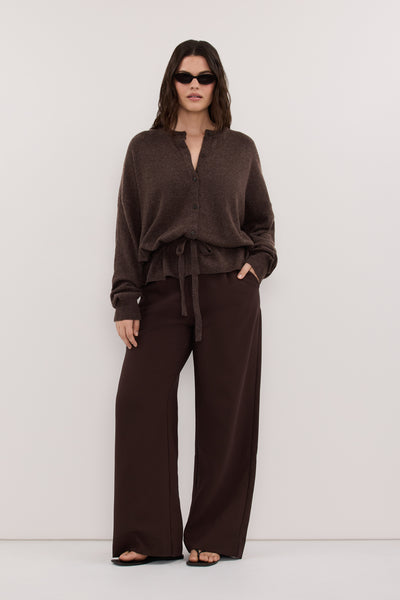 Jasmine wearing SAILOR CHOC MARLE BELTED CARDIGAN
