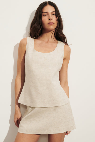 Helena  wearing AURELI NATURAL LINEN TOP