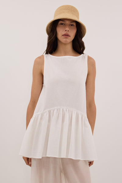 Helena  wearing SAMMY WHITE COTTON DROP WAIST TOP