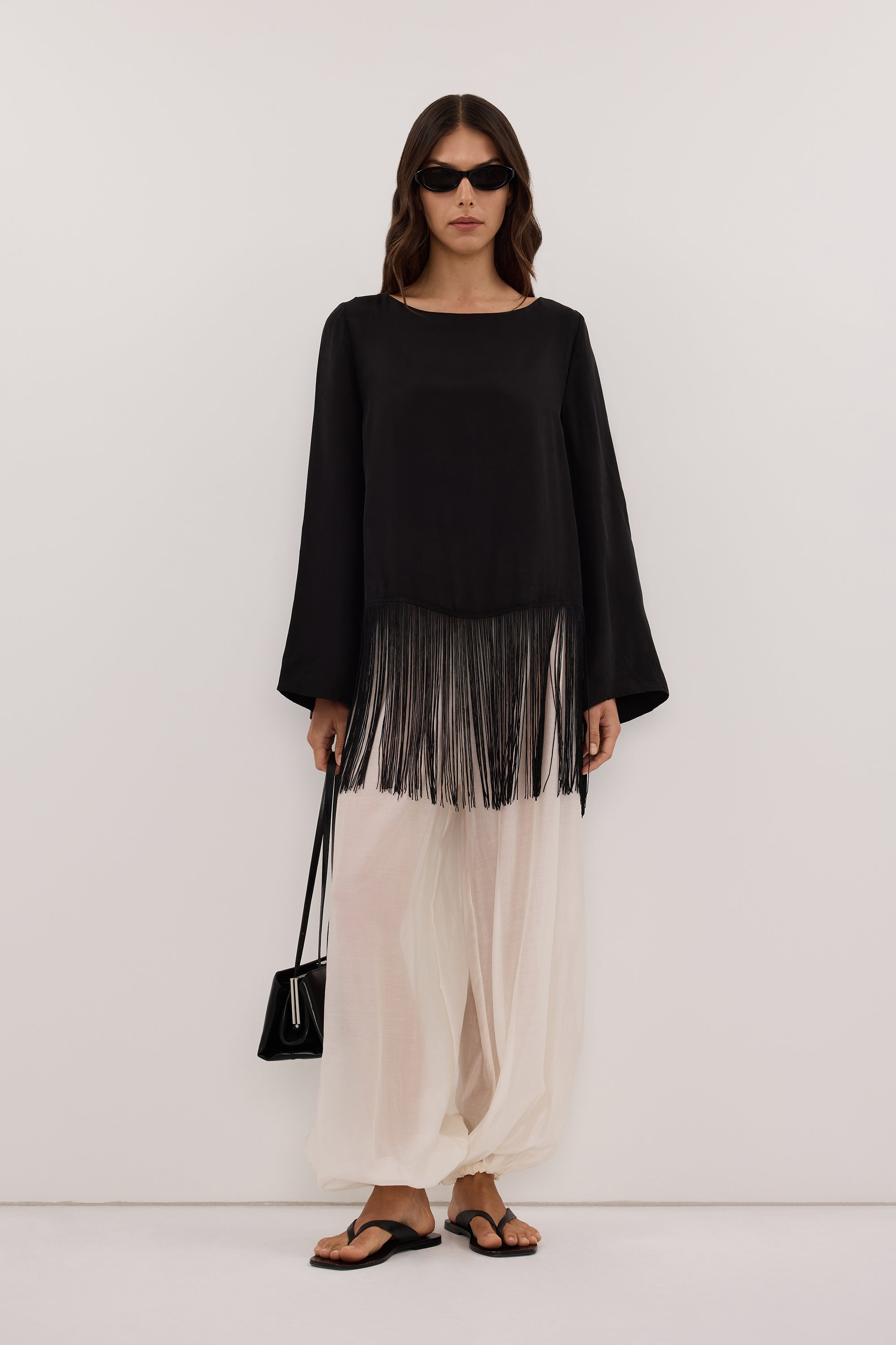 FIORA BLACK FRINGE LONG SLEEVE TOP - PRE ORDER