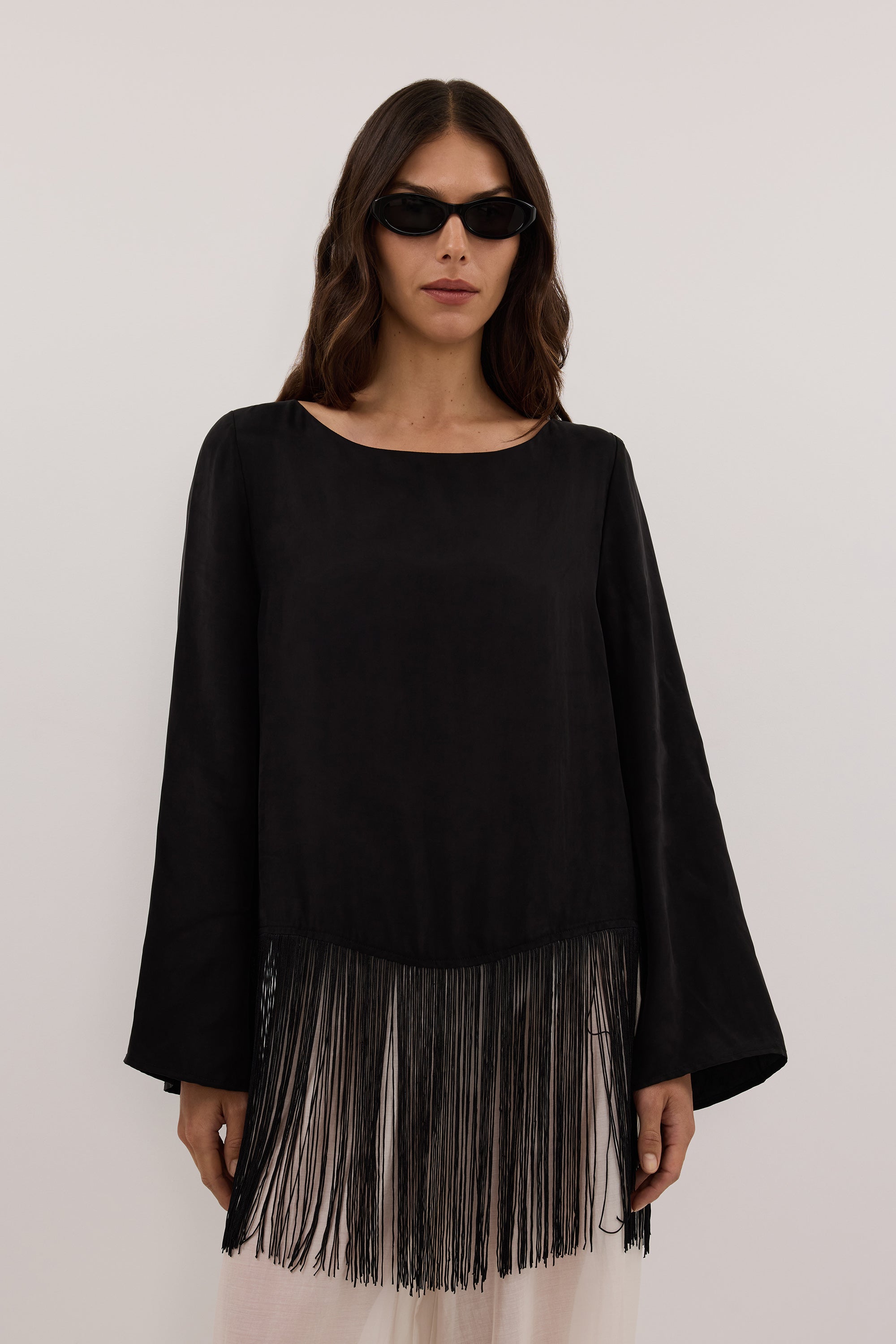 FIORA BLACK FRINGE LONG SLEEVE TOP - PRE ORDER