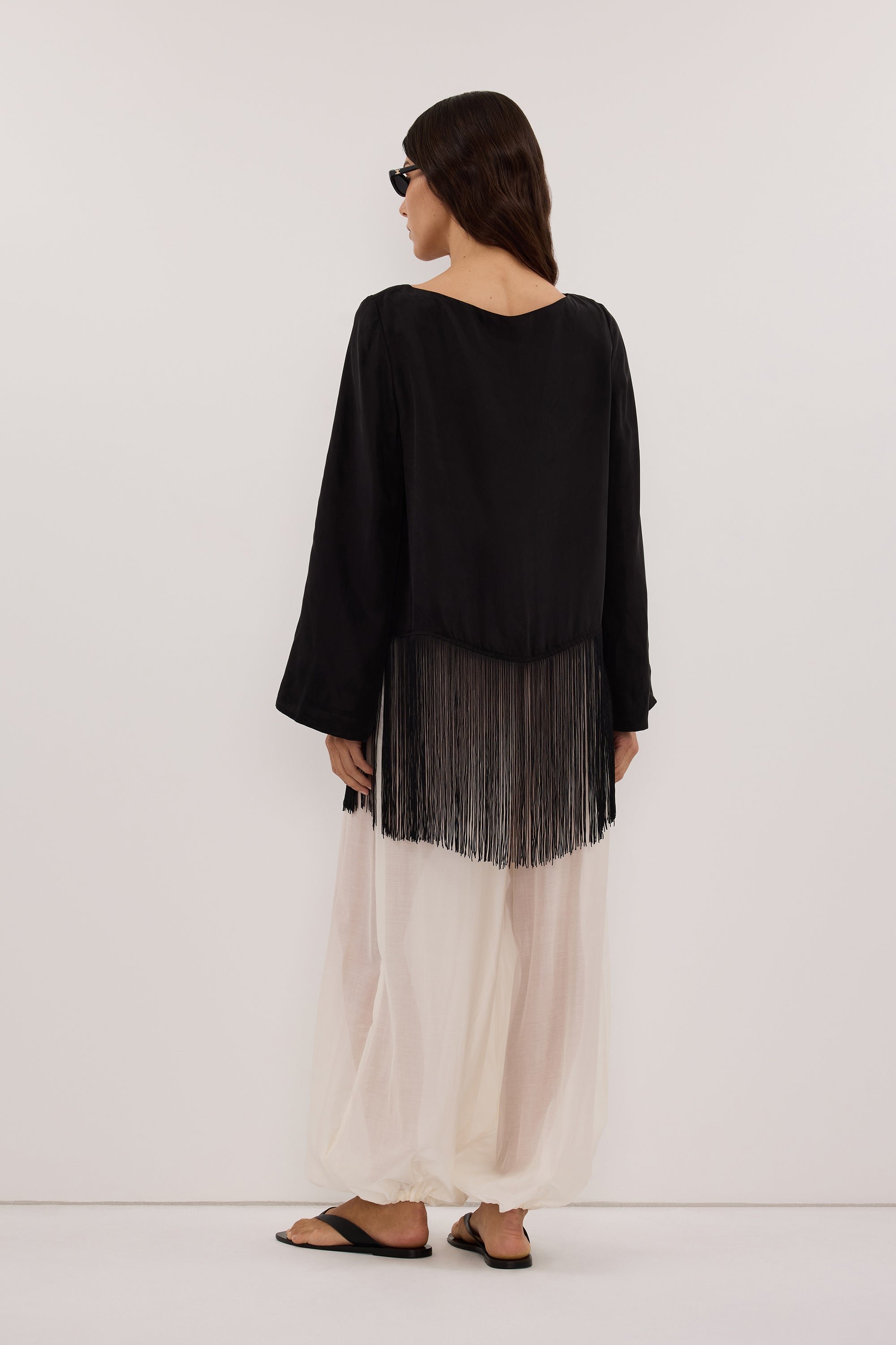 FIORA BLACK FRINGE LONG SLEEVE TOP - PRE ORDER