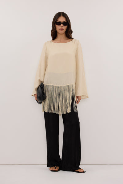 Helena  wearing FIORA STRAW FRINGE LONG SLEEVE TOP - PRE ORDER