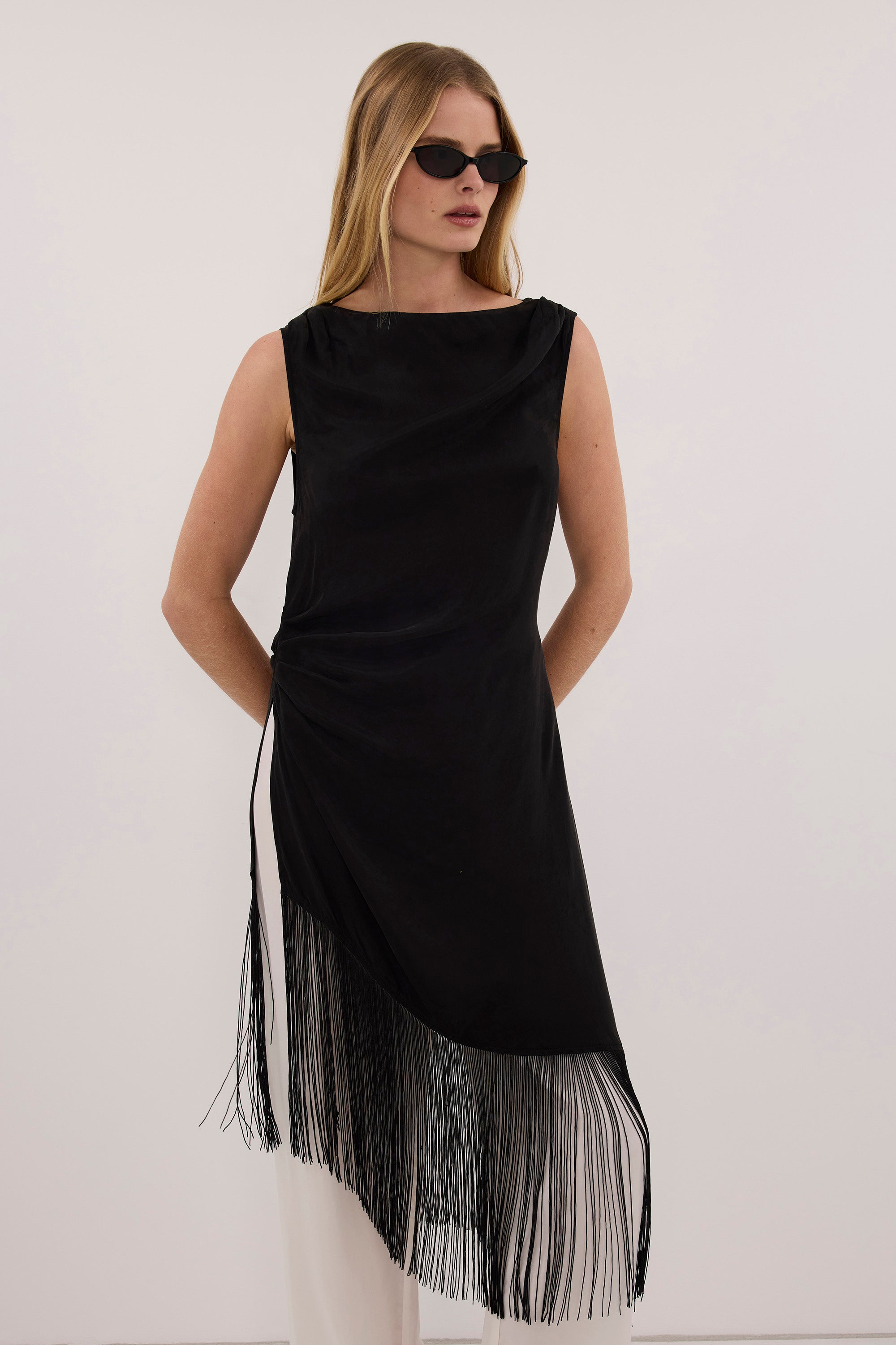 FIORA BLACK FRINGE ASYM TOP