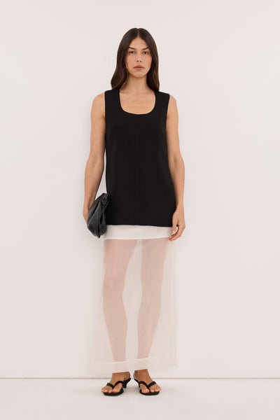 Helena  wearing RUNA BLACK SCOOP NECK TOP