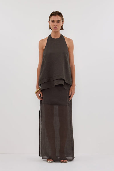Joanna wearing KAI PETROL RAMIE MIDI SKIRT