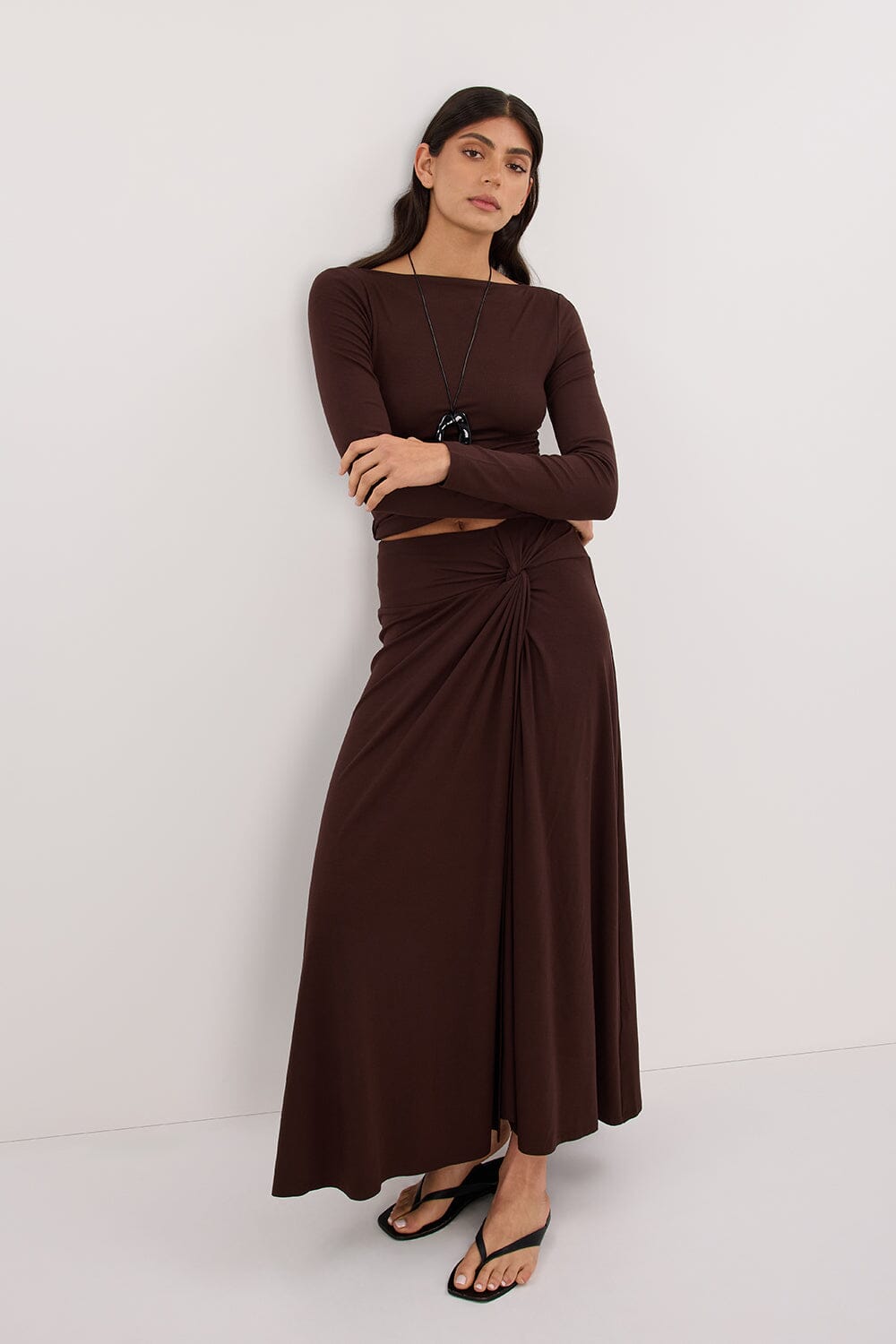 HADLEY CHOC TWIST MIDI SKIRT Clothing DISSH Boutiques 
