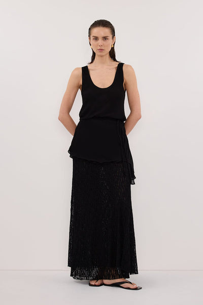 Stas wearing LIZZIE BLACK LAYERED LACE MIDI SKIRT