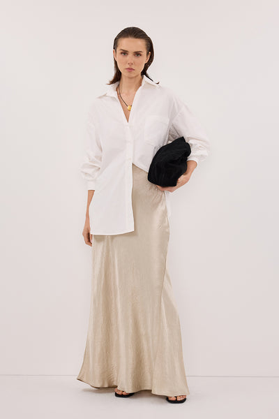 Stas wearing BREANNA PUMICE JACQUARD MAXI SKIRT
