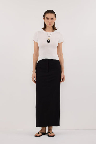 Stas wearing LIZA BLACK TAILORED MIDI SKIRT
