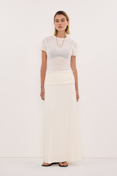Joanna wearing JULIE OFF WHITE MODAL BLEND MAXI SKIRT