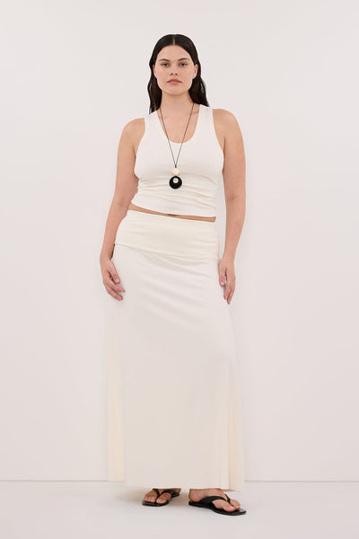 Jasmine wearing JULIE OFF WHITE MODAL BLEND MAXI SKIRT