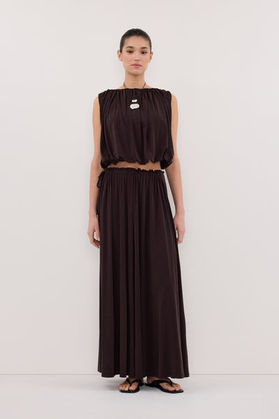 Aude wearing AVA BURNT CHOC MODAL BLEND MIDI SKIRT