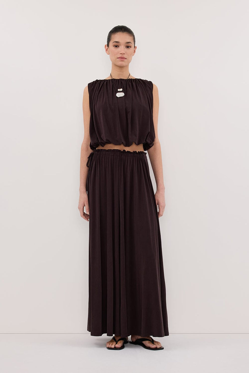 AVA BURNT CHOC MODAL BLEND MIDI SKIRT Clothing DISSH Boutiques 