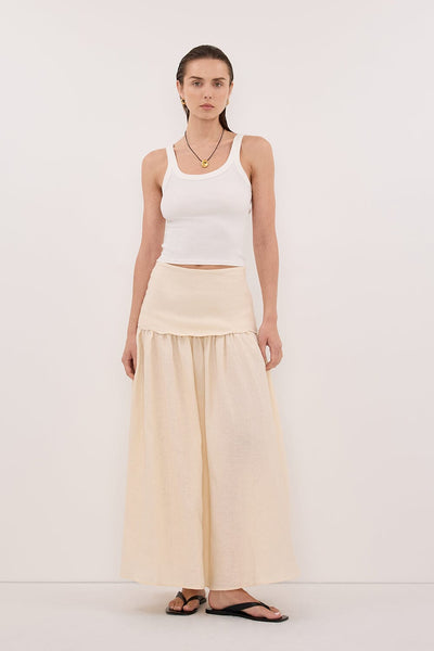 Stas wearing LELA SANDSTONE FOLDOVER LINEN MIDI SKIRT
