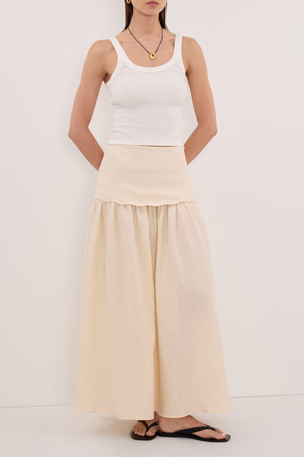 LELA SANDSTONE LINEN MIDI SKIRT Clothing DISSH Boutiques 