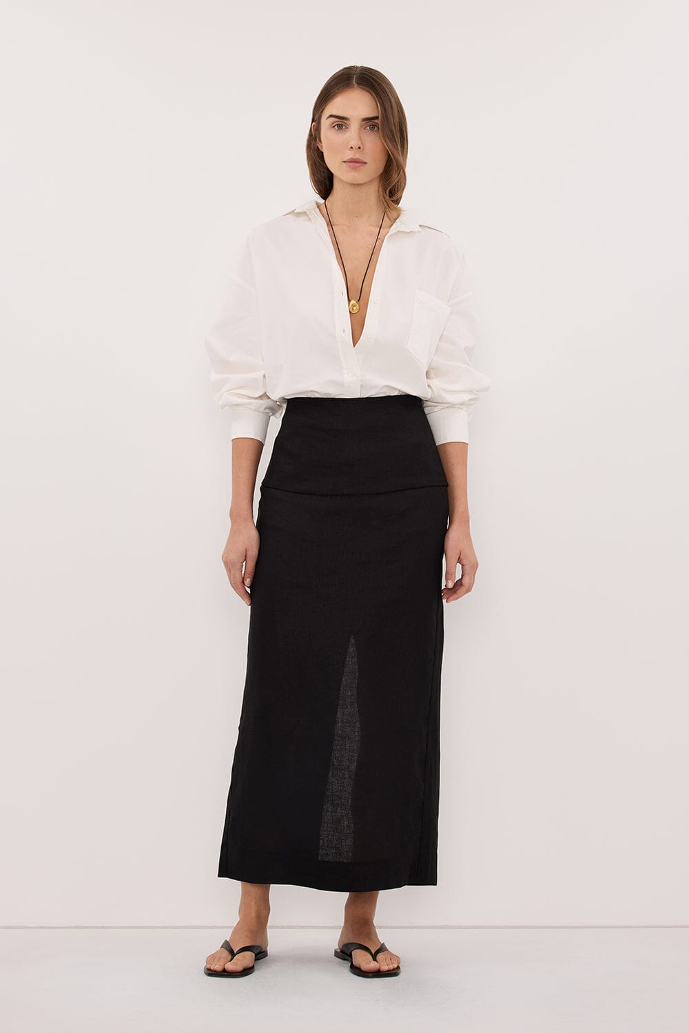 YARA BLACK LINEN FOLDOVER MIDI SKIRT