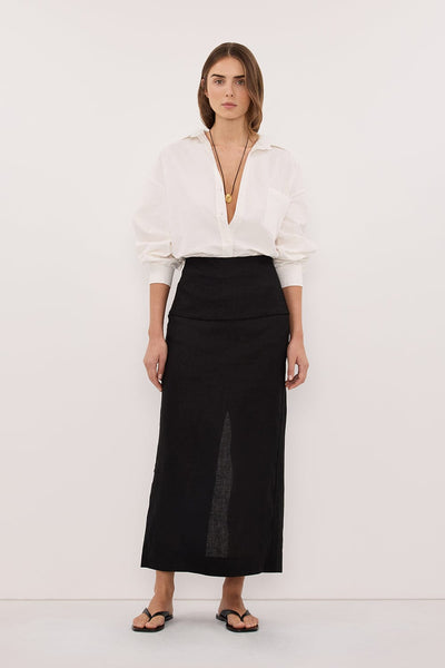 Stas wearing YARA BLACK LINEN FOLDOVER MIDI SKIRT