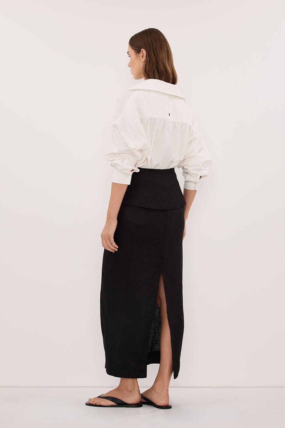 YARA BLACK LINEN FOLDOVER MIDI SKIRT