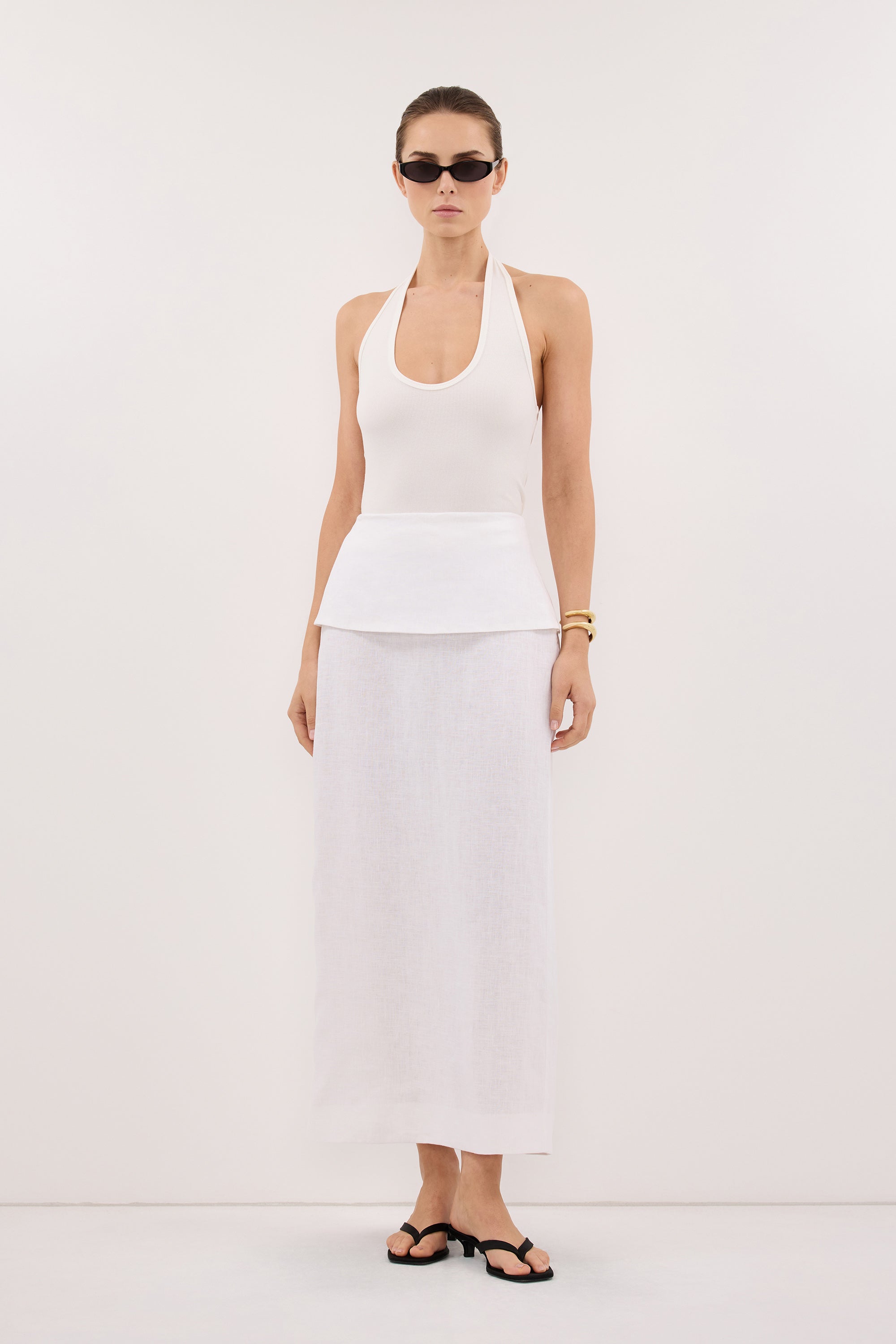 YARA WHITE LINEN FOLDOVER MIDI SKIRT