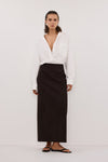 OTIS BITTER CHOC FAUX LEATHER MIDI SKIRT