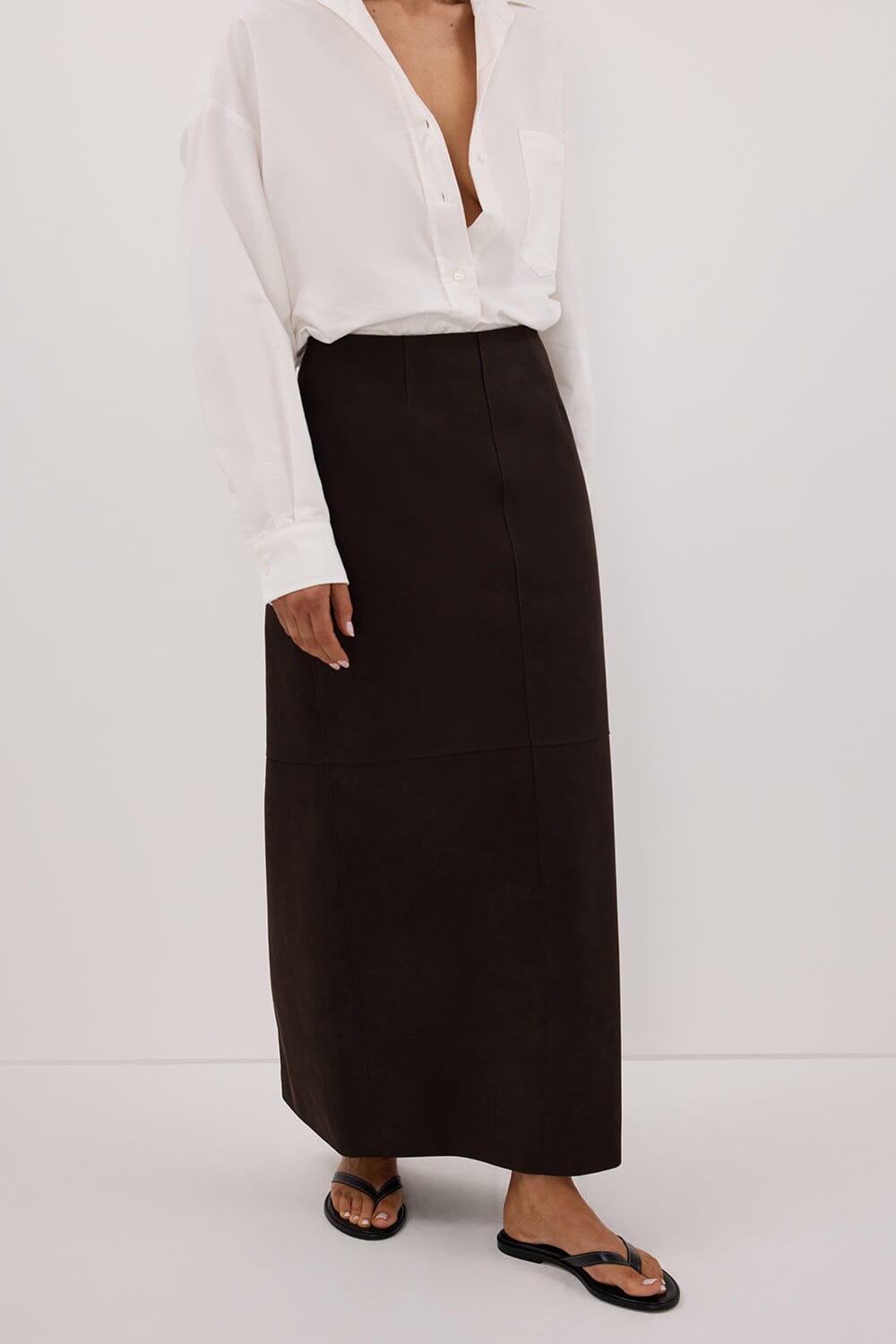OTIS BITTER CHOC FAUX LEATHER MIDI SKIRT