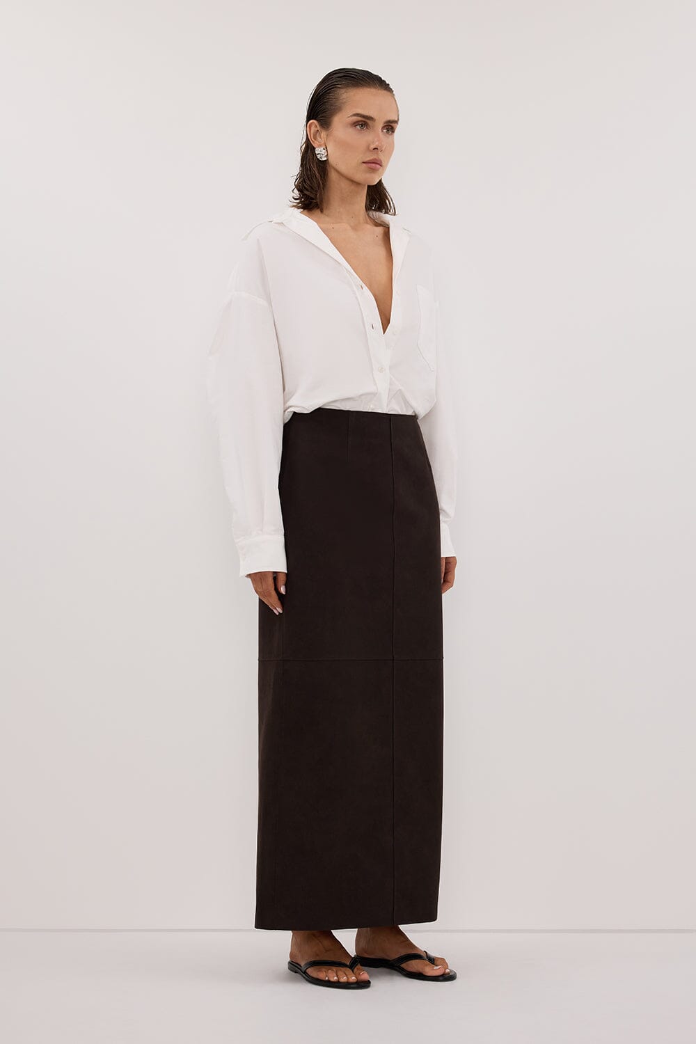 OTIS BITTER CHOC FAUX LEATHER MIDI SKIRT