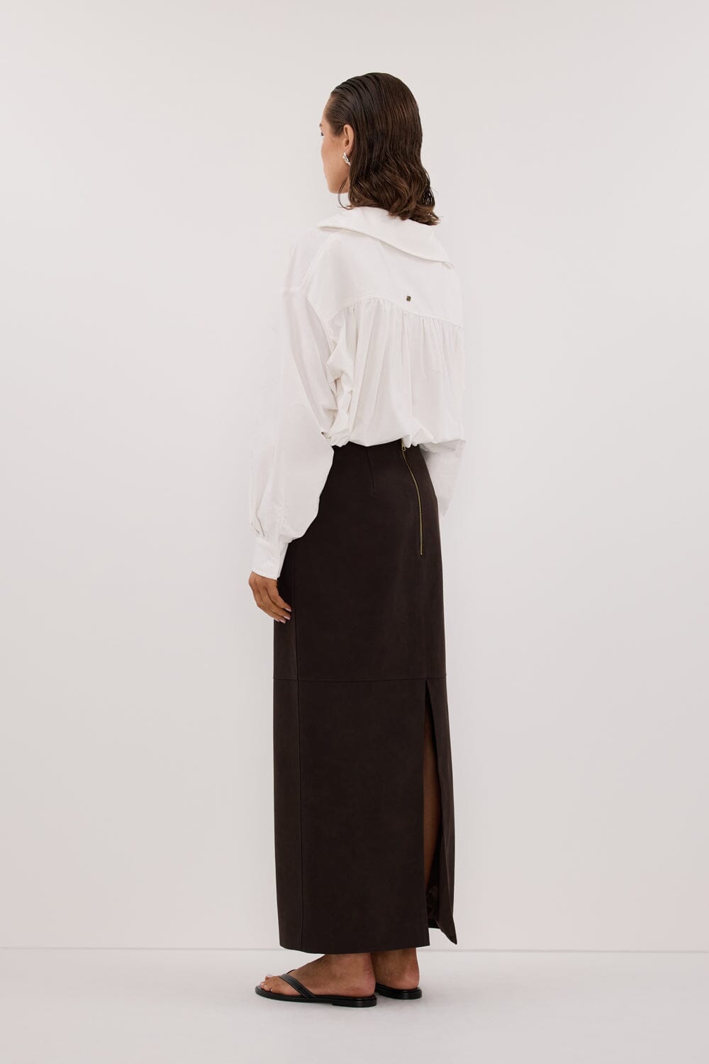 OTIS BITTER CHOC FAUX LEATHER MIDI SKIRT