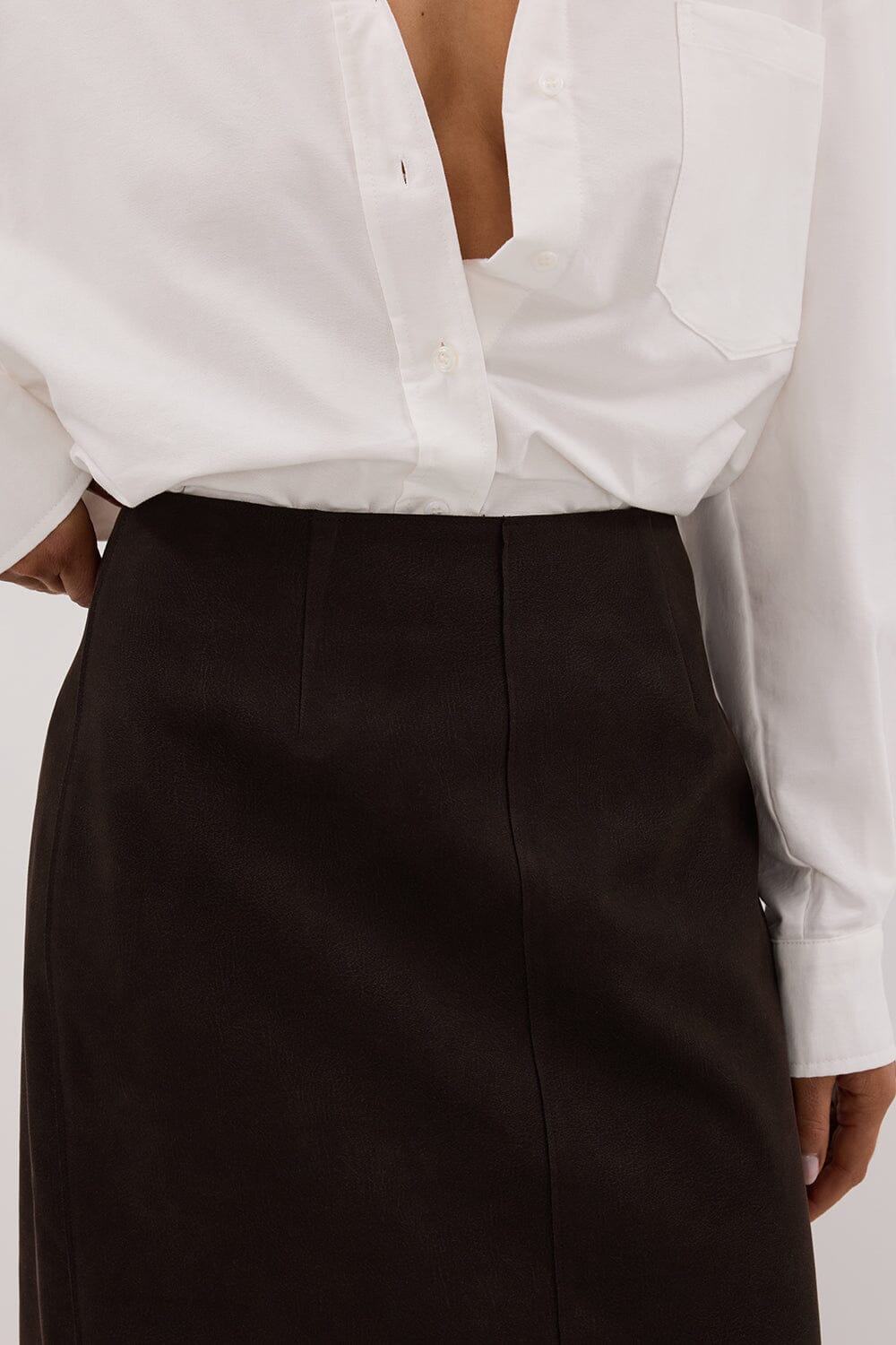 OTIS BITTER CHOC FAUX LEATHER MIDI SKIRT