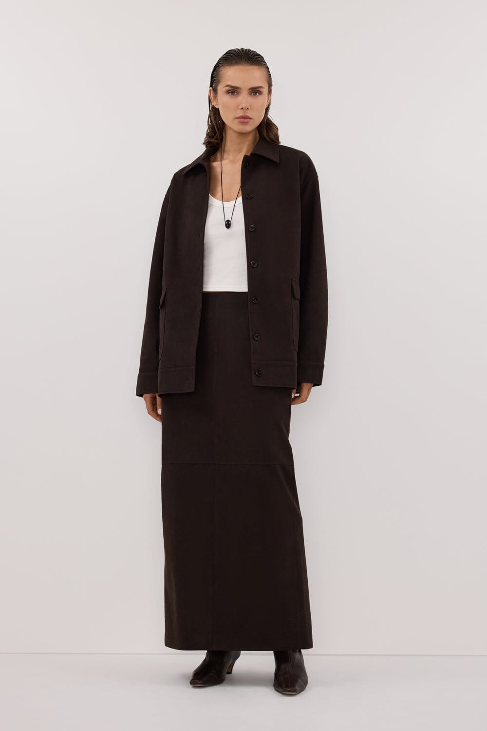 OTIS BITTER CHOC FAUX LEATHER MIDI SKIRT