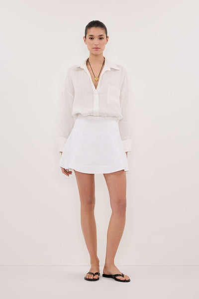 Aude wearing ALEA WHITE LINEN FLOUNCE MINI SKIRT